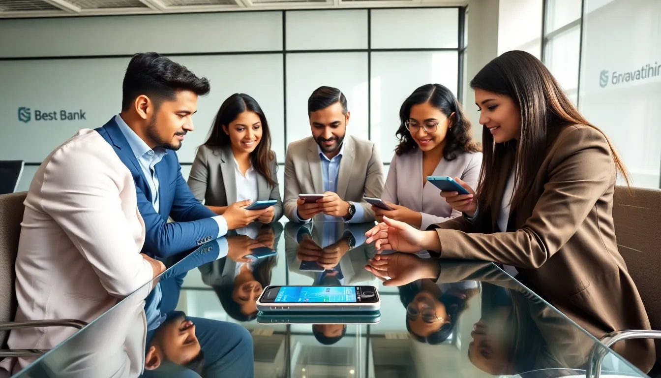 diverse professionals discussing mobile banking in a modern office.