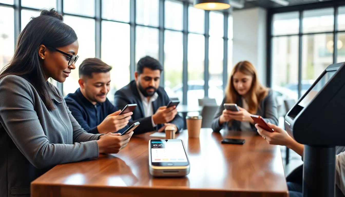 professionals using mobile payment apps in a café setting.